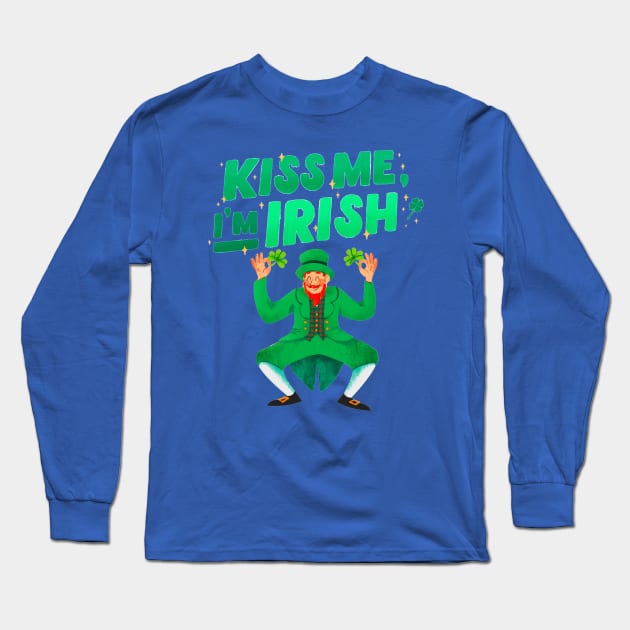 Kiss Me I'm Irish Dancing Leprechaun Long Sleeve T-Shirt by Danderwen Press